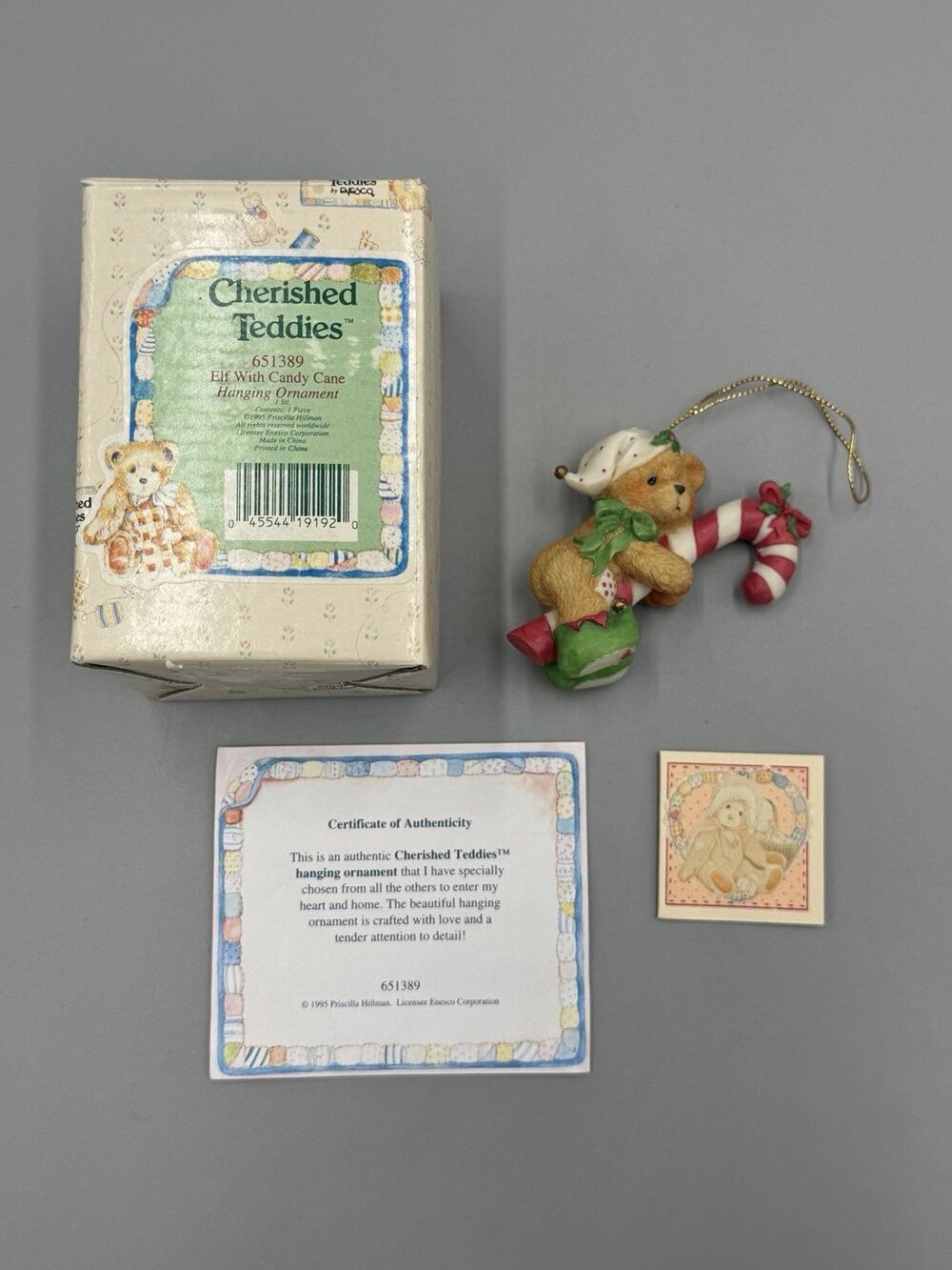 1995 Enesco Cherished Teddies Christmas Elf W/ Candy Cane Ornament 651389